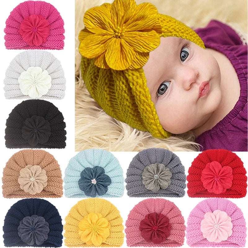 Fashion Flower Infant Striped Hats Soft Knitting Wool Caps Clothing Decoration Baby Corchet Turban Accessories Birthday Gift