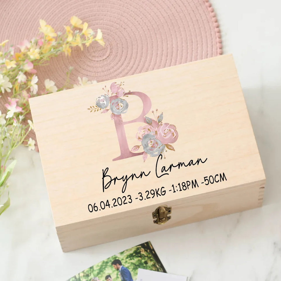 Personalised Baby Gift Keepsake Box Custom Memory Box Flower Letter Print Wooden Box Newborn Shower Gift Baby Birth Stats Box