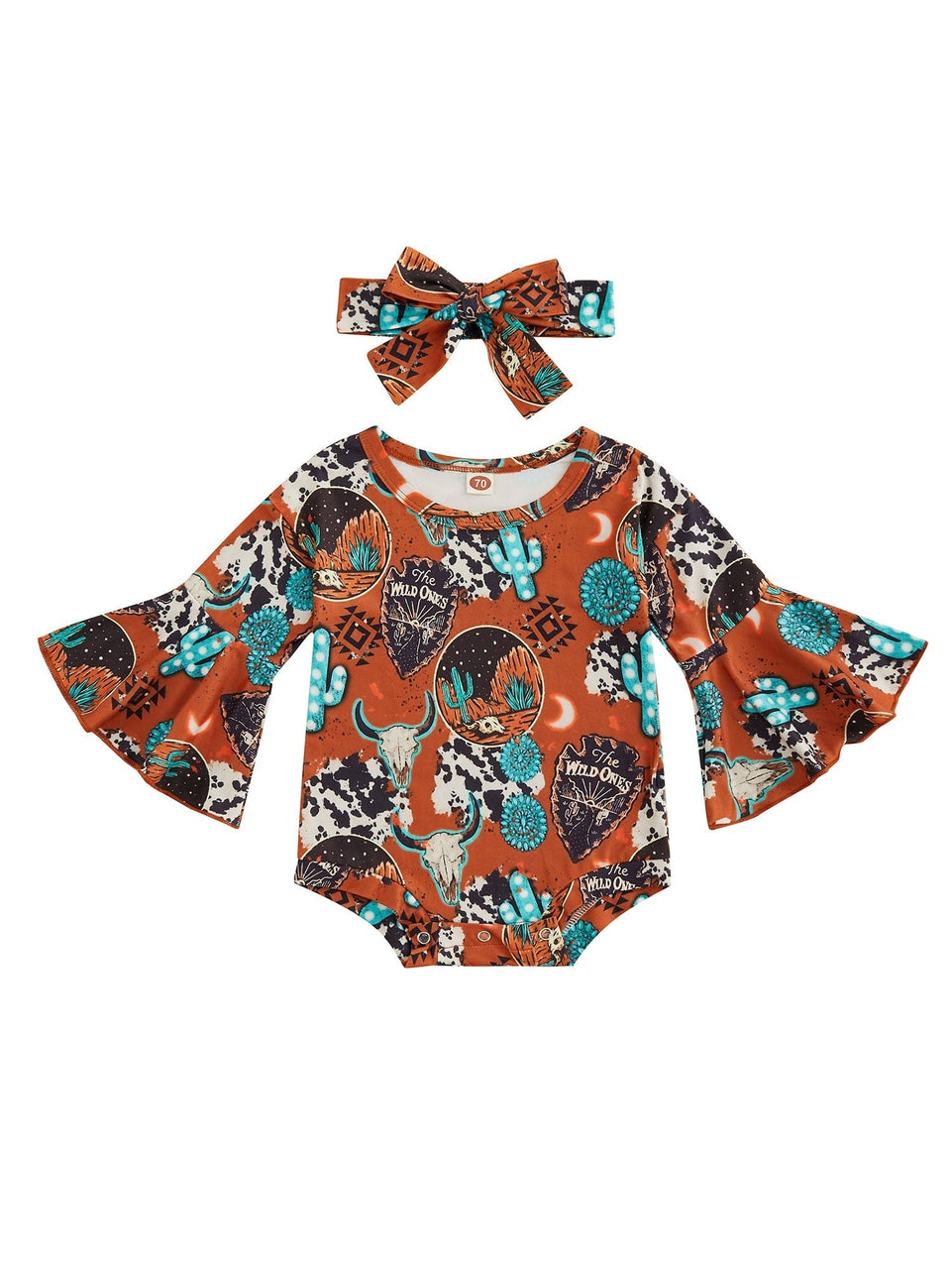 Cute Western Baby Girl Clothes Cow Printed Romper Boho Floral Flared  Long Sleeve Bodysuit Infant Fall Jumpsuit