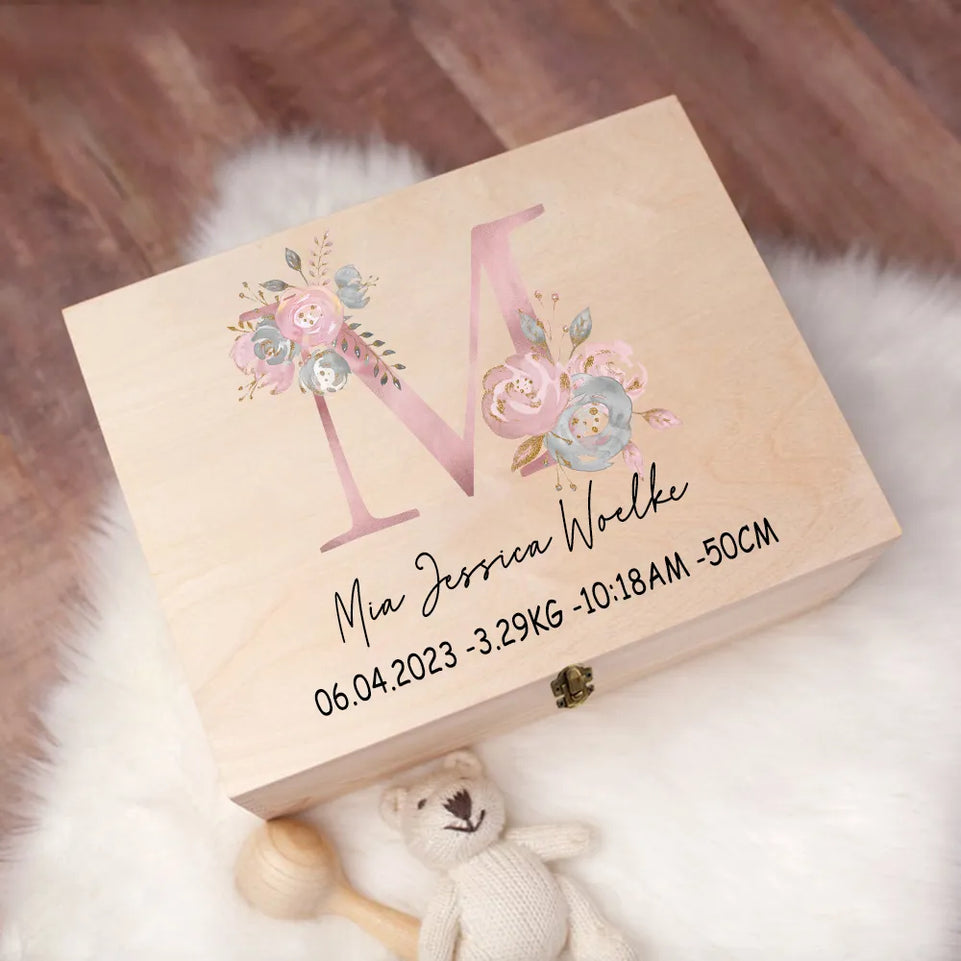 Personalised Baby Gift Keepsake Box Custom Memory Box Flower Letter Print Wooden Box Newborn Shower Gift Baby Birth Stats Box