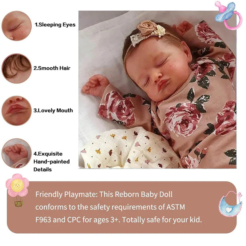 Handmade Reborn Dolls 20inch Cute Reborn Sleeping Baby Doll Girl Rosalie with Hand-Rooted Brown Hair and Gift Already Doll